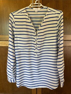 Calvin Klein Ivory & Blue Striped Zip-Front Blouse
